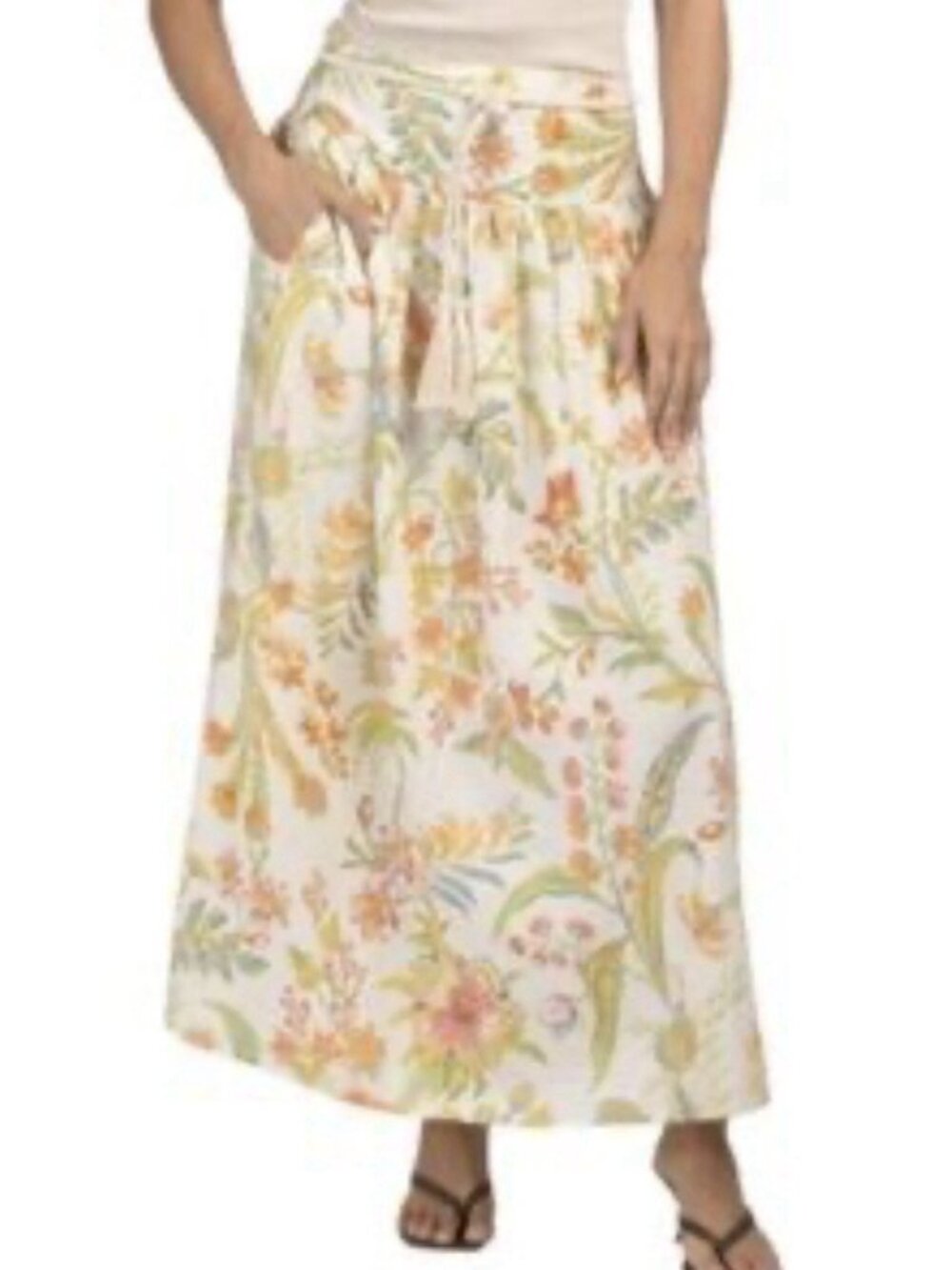 Rachel Zoe Women M Cream Maxi Colorful Floral Bohemian Linen Blend Skirt Stretch